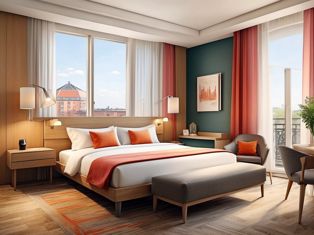 Ein modernes Hotelzimmer im Leonardo Hotel Hannover, das eine komfortable Atmosphäre ausstrahlt. Das Zimmer verfügt über ein großes, einladendes Bett mit hellen Kissen und einer bunten Bettdecke. An der Wand befinden sich sanfte Holzverkleidungen, und die Fenster lassen viel Tageslicht herein. Vor den Fenstern hängen helle Vorhänge in kräftigen Farben. Neben dem Bett steht ein Nachttisch mit einer Lampe und einer kleinen Kaffeemaschine. In der Ecke befindet sich ein gemütlicher Sessel, der mit einem Kissen in passenden Farben dekoriert ist. Ein kleiner Tisch ergänzt die Einrichtung. An der Wand hängt ein dekoratives Bild, das eine urbane Szene zeigt. Der Boden ist mit einem warmen Holzboden und einem Teppich in harmonischen Farben ausgestattet.