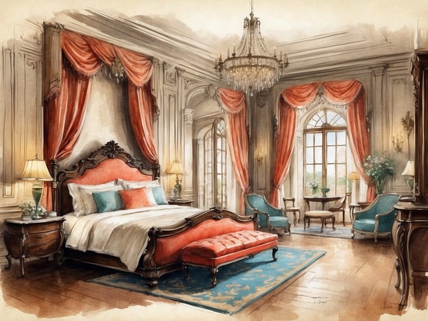 Auf dem Bild ist ein elegantes Schlafzimmer zu sehen, das mit opulenten Materialien und Farben gestaltet ist. Der Raum strahlt einen luxuriösen und klassischen Stil aus, mit einem großen Bett, dekorativen Vorhängen, einem Kristalllüster und stilvollen Möbeln. 

Die Geschichte des NH Hotels Collection Roma Centro könnte hier gut präsentiert werden, da das Hotel für seine exquisite Innenarchitektur und seinen hohen Komfort bekannt ist. Ähnlich wie im abgebildeten Raum bietet das Hotel eine elegante Atmosphäre, die sowohl traditionelle als auch moderne Elemente vereint. Gäste können sich auf einen stilvollen Rückzugsort freuen, in dem sie sich entspannen und das historische Ambiente Roms genießen können.