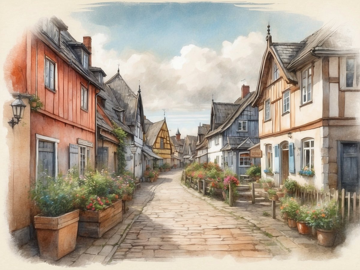 Eine malerische Gasse in Keitum mit historischen Fachwerkhäusern, die in verschiedenen Farbtönen gestrichen sind. Der Boden ist aus alten Steinen gelegt und die Straße schlängelt sich zwischen den Gebäuden hindurch. Auf beiden Seiten der Gasse stehen blühende Blumen in großen Holzkästen und Töpfen, die eine lebendige Atmosphäre schaffen. Der Himmel ist hell und bewölkt, was dem Bild eine sanfte Lichtstimmung verleiht.