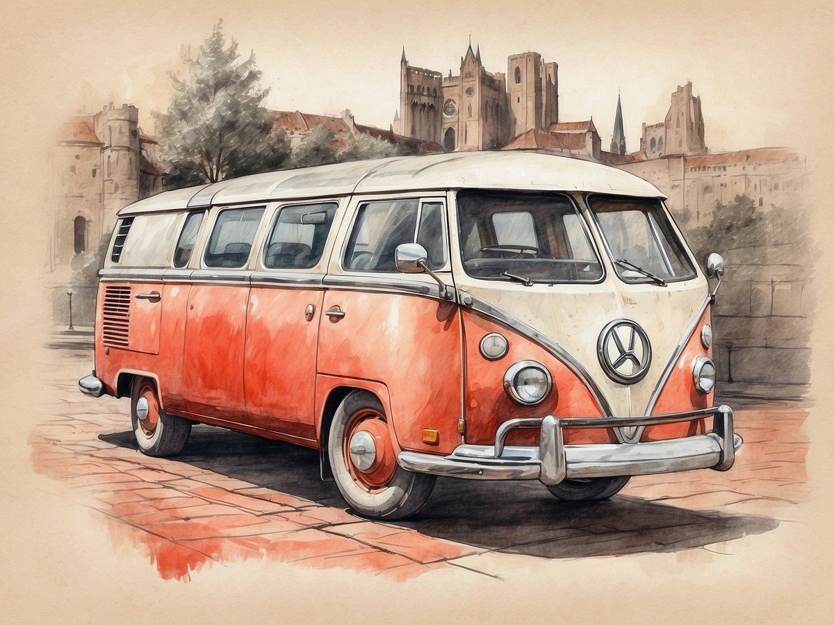 Ein klassischer Volkswagen Bulli in leuchtend orange und weiß steht auf einem gepflasterten Platz. Im Hintergrund sind historische Gebäude und Türme sichtbar, die eine malerische Kulisse bilden. Die Szenerie wirkt nostalgisch und vermittelt den Charme vergangener Zeiten.