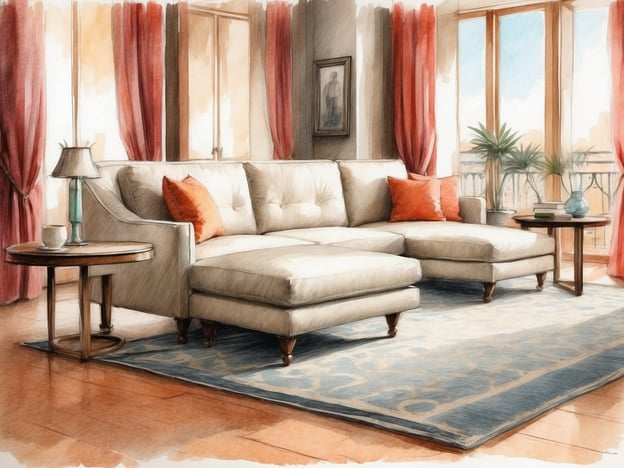 Auf dem Bild ist ein gemütliches Wohnzimmer zu sehen, das eine entspannte Atmosphäre ausstrahlt. Das Zimmer ist mit einem hellen Sofa ausgestattet, das mit Orange- und Beigefarbenen Kissen dekoriert ist. Dazu gibt es kleine Beistelltische, die mit einer Lampe und einer Tasse auf einem Tisch gedeckt sind. Der Raum ist von großen Fenstern umgeben, die viel Tageslicht hereinlassen und einen Blick nach draußen ermöglichen. Die eleganten Vorhänge und der Teppich verleihen dem Raum einen Hauch von Stil und Komfort, was an die geschmackvolle Inneneinrichtung der Zimmer im NH Hotels Collection Roma Centro erinnert.