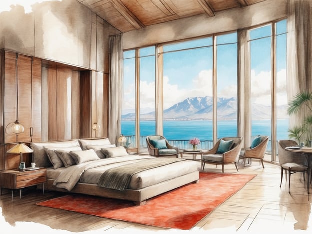 Auf dem Bild ist eine stilvolle Suite zu sehen. Der Raum ist hell und modern gestaltet, mit großen Fenstern, die einen herrlichen Blick auf das Wasser und die Berge bieten. Im Zimmer befindet sich ein großes Bett, mehrere gemütliche Sitzgelegenheiten und ein eleganter Teppich. Die Einrichtung ist geschmackvoll und vermittelt eine entspannende Atmosphäre.