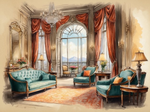 Auf dem Bild ist ein elegantes Interieur zu sehen, das eine stilvolle Sitzecke mit einem großen Fenster und einem schönen Ausblick zeigt. Die Möbel sind klassisch mit einem modernen Touch, darunter eine sanfte türkisfarbene Couch und Sessel sowie dekorative Lampen und Teppiche.

Im Zusammenhang mit der NH Hotels Collection Roma Palazzo Cinquecento bietet das Hotel eine luxuriöse und historische Atmosphäre. Es liegt in der Nähe bedeutender Sehenswürdigkeiten in Rom und kombiniert elegantes Design mit modernem Komfort. Das Hotel verfügt über stilvolle Zimmer, ein Restaurant und verschiedene Annehmlichkeiten, die optimalen Komfort für Reisende bieten.