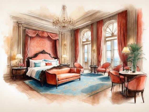 Auf dem Bild ist eine stilvolle und elegante Hotelzimmer-Interieur-Illustration zu sehen. Das Zimmer ist mit opulenten Möbeln ausgestattet, darunter ein großes Bett mit bunten Kissen und einem luxuriösen Sofa. Die Wände sind mit kräftigen Vorhängen und elegantem Dekor geschmückt, während große Fenster Tageslicht hereinlassen. Ein schöner Teppich und ein paar Pflanzen runden das Bild ab und schaffen eine einladende Atmosphäre.

Die NH Hotels Collection ist bekannt für ihre hochwertigen Unterkünfte, die sowohl Komfort als auch Stil bieten. Die Gestaltung dieser Zimmer spiegelt oft lokale Einflüsse wider, was Gästen ein Gefühl von Heimat und Luxus verleiht. In der NH Hotels Collection werden immer wieder kreative Ansätze verfolgt, um ein einzigartiges Erlebnis zu gewährleisten, ähnlich dem, was in dieser Illustration dargestellt wird.