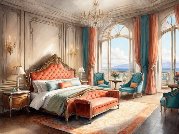 Auf dem Bild ist ein elegantes Schlafzimmer zu sehen, das reich verziert ist. Es enthält ein opulentes Bett mit einer gepolsterten Kopfstütze in einer warmen Farbe. An den Wänden hängen elegante Kronleuchter, und die großen Fenster bieten einen schönen Blick nach draußen. Der Raum ist mit stilvollen Möbeln, darunter gemütliche Sessel in Türkis, sowie einem hübschen Teppich dekoriert. Insgesamt vermittelt das Zimmer ein luxuriöses Ambiente.