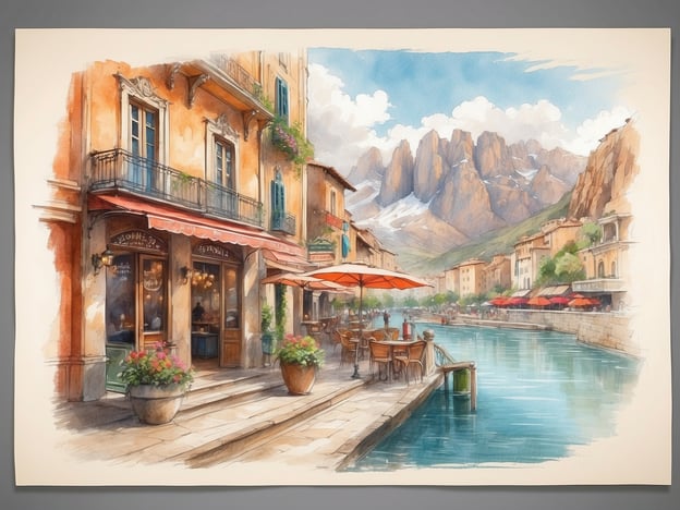 Auf dem Bild ist eine malerische Szene mit einem charmanten Café an einem Gewässer zu sehen, umgeben von wunderschönen Bergen. Dies erinnert an Orte wie den Gardasee in Italien, wo man solche Cafés oft findet. 

In der Umgebung kann man wundervolle Aktivitäten genießen, wie Bootfahren auf dem See, Wandern in den nahegelegenen Bergen oder die Erkundung malerischer Städte wie Malcesine oder Riva del Garda. Die Region bietet auch kulinarische Erlebnisse, darunter lokale Spezialitäten wie Risotto oder frische Fischgerichte aus dem See.