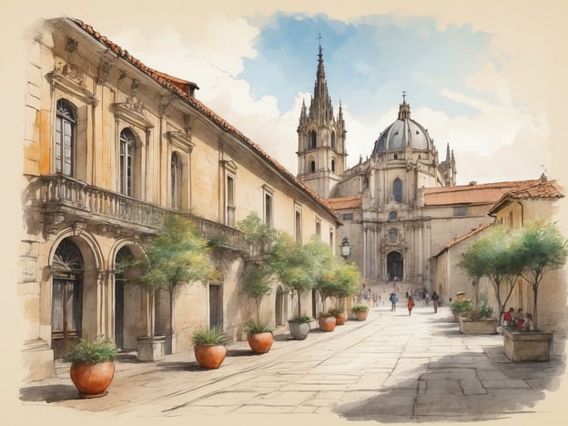 Auf dem Bild ist eine malerische Straße zu sehen, die von historischen Gebäuden gesäumt ist. Die Architektur wirkt beeindruckend und spiegelt den Charme von Santiago de Compostela wider. Im Hintergrund ist eine prächtige Kathedrale zu erkennen, die mit ihren Türmen und der charakteristischen Kuppel dominiert. 

Die Umgebung strahlt eine Atmosphäre der Entspannung und Erholung aus, ideal für einen Spaziergang. Die gelungenen Pflanzarrangements in Töpfen verleihen dem Ort einen zusätzlichen Hauch von Natur und Ruhe. Santiago de Compostela ist bekannt für seine kulturellen Schätze und lädt zum Verweilen und Genießen ein, perfekt für Reisende, die sowohl Erholung als auch kulturelle Eindrücke suchen.