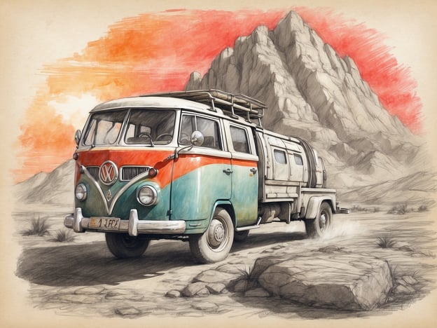 Auf dem Bild ist ein nostalgischer VW-Bus zu sehen, der in einer Landschaft mit Gebirgen und einem farbenfrohen Himmel abgebildet ist. Der Wagen hat eine auffällige zweifarbige Lackierung in Grün und Orange und ein klassisches Design. Er steht auf unebenen, steinigen Terrain, während im Hintergrund steile Felsen sichtbar sind, die die dramatische Kulisse bilden. Diese Darstellung vermittelt ein Gefühl von Abenteuer und Freiheit in der Natur.