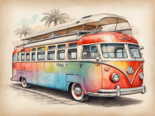 Auf dem Bild ist ein vintage-farbiger Volkswagen Bulli zu sehen. Der Bus hat ein auffälliges Design mit einer farbenfrohen Lackierung, die von Rot über Orange bis hin zu Blau und Grün reicht. Er verfügt über ein Dach, das möglicherweise für Camping genutzt werden kann. Im Hintergrund sind Palmen zu erkennen, was eine entspannte Urlaubsatmosphäre vermittelt. Das Bild wirkt insgesamt nostalgisch und lebhaft.