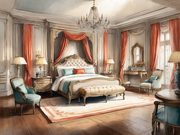 Auf dem Bild ist ein elegantes Schlafzimmer zu sehen. Es zeigt eine stilvolle Suite mit einem gemütlichen Bett, das mit dekorativen Kissen ausgestattet ist. Die Wände sind mit kunstvollen Verzierungen und farbenfrohen Vorhängen geschmückt. In der Suite findet man auch geschmackvoll eingerichtete Möbelstücke, wie einen Nachtisch, einen Schminktisch und mehrere Stühle, die im gleichen ansprechenden Stil gehalten sind. Ein schöner Teppich vervollständigt das luxuriöse Ambiente des Zimmers.