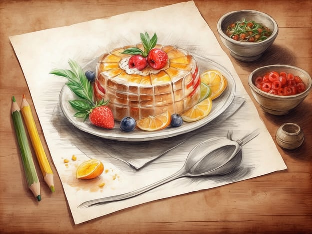 Auf dem Bild ist ein kunstvoll angerichteter Teller mit einem schönen Dessert zu sehen. Die Hauptattraktion ist ein Stapel von Pancakes, die mit frischen Früchten, darunter Erdbeeren, Blaubeeren und Orangenscheiben, garniert sind. Darüber fließt ein köstlicher Sirup, der dem Gericht Glanz und Süße verleiht. Neben dem Hauptgericht befinden sich zwei kleine Schalen mit verschiedenen Beilagen, die ebenfalls ansprechend wirken. Diese Kombination verspricht ein wahres kulinarisches Erlebnis, das sowohl im Aussehen als auch im Geschmack begeistert.