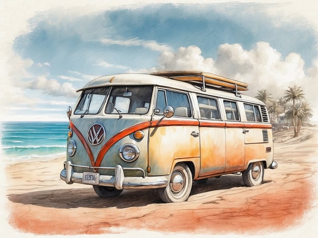 Auf dem Bild ist ein alter Volkswagen-Bus zu sehen, der an einem Strand parkt. Im Hintergrund sieht man das Meer mit sanften Wellen und eine Reihe von Palmen, die einen tropischen Eindruck vermitteln. Diese Szenerie lädt zu Aktivitäten wie Surfen, Sonnenbaden oder Piknicken am Strand ein. Zudem könnte man die Küste entlang spazieren oder die frische Meeresbrise genießen. Der Volkswagen-Bus ist ein beliebtes Symbol für Roadtrips und Abenteuer, was das Gefühl von Freiheit und Erkundung verstärkt.