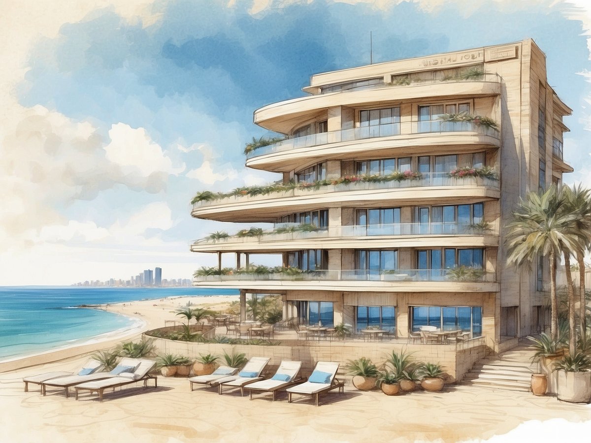 Das Bild zeigt das Leonardo Beach Hotel in Tel Aviv, das sich direkt am Strand befindet. Die moderne Architektur des Gebäudes umfasst mehrere Stockwerke mit großen Fenstern und Balkonen, die mit Pflanzen dekoriert sind. Im Vordergrund sind Liegen auf dem Sand platziert, umgeben von Palmen und grünen Pflanzen. Im Hintergrund erstreckt sich ein schöner Blick auf das Meer und die Küste von Tel Aviv, während die Stadt skyline in der Ferne sichtbar ist. Der Himmel ist klar mit einigen Wolken, was eine einladende Atmosphäre vermittelt.