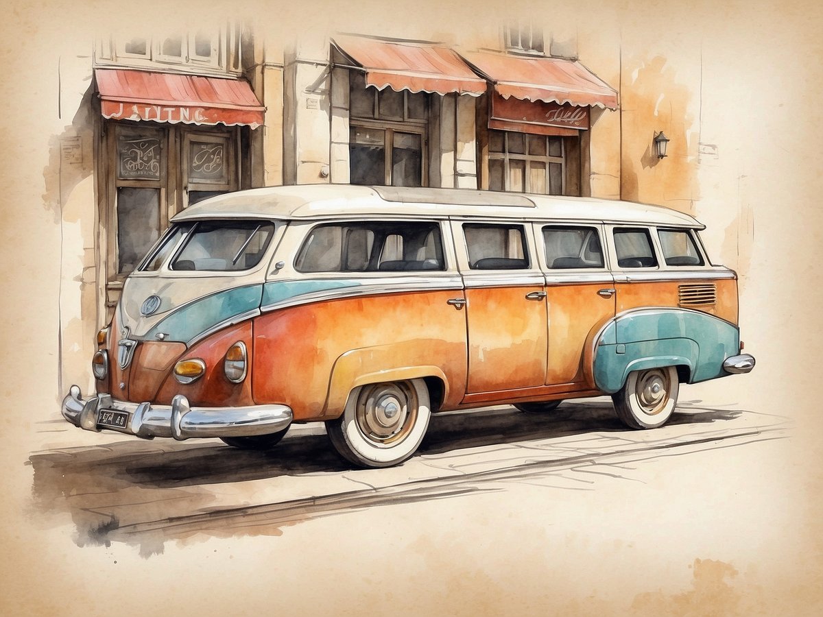 Ein farbenfroher klassischer VW-Bus steht an einer Straßenecke, umgeben von historischen Gebäuden. Der Bus hat eine zweifarbige Lackierung in Orange und Türkis, mit einem weißen Dach und großen Fenstern. Im Hintergrund sind Fenster mit Roter Markisen und Holztüren zu sehen, die den Charme der Umgebung betonen. Die Szene vermittelt ein Gefühl von Nostalgie und urbaner Ästhetik im Herzen von Tel Aviv.