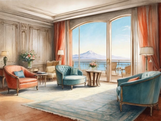 Auf dem Bild ist ein elegantes Zimmer zu sehen, das wie eine luxuriöse Suite wirkt. Es gibt bequeme Sessel in sanften Farben, einen kleinen Tisch in der Mitte und große Fenster, die einen kráslichen Ausblick auf eine Berglandschaft und das Wasser bieten. Die Einrichtung ist geschmackvoll mit einem Teppich und dekorativen Elementen wie Blumen und Lampen gestaltet. Die gesamte Atmosphäre strahlt Komfort und Stil aus.