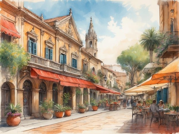 Auf dem Bild sind malerische, belebte Gassen mit historischen Gebäuden zu sehen, darunter Cafés mit Sonnenschirmen und blühenden Pflanzen. Diese Szenerie könnte sich in einer Stadt wie Valletta in Malta oder in einer charmanten Stadt in Südeuropa befinden. In der Nähe könnten Sehenswürdigkeiten wie die St. John