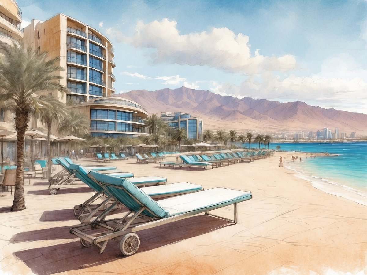 Das Bild zeigt den Außenbereich des Herods Palace Eilat Hotels mit einem Blick auf den Strand. Auf der Vorderseite sind mehrere blaue Liegen auf dem Sand angeordnet, umgeben von Palmen. Im Hintergrund ist das Hotelgebäude mit großen Fenstern und Balkonen zu sehen, während die majestätischen Berge und das blaue Wasser des Roten Meeres im Hintergrund eine malerische Kulisse bieten. Ein strahlend blauer Himmel mit einigen Wolken rundet die Szene ab.