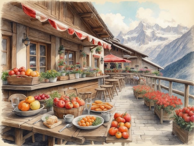 Auf dem Bild zeigt sich eine malerische Kulisse in Mürren, die die kulinarische Vielfalt der Region widerspiegelt. Ein schöner Holzunterstand ist mit verschiedenen Obstsorten dekoriert, darunter Äpfel, Trauben und Karotten. Die Tische sind einladend gedeckt mit frischen Speisen, während die Berghänge und die beeindruckenden Gipfel im Hintergrund ein atemberaubendes Panorama bieten. Blumen und Pflanzen schmücken die Veranda und schaffen eine gemütliche Atmosphäre, ideal für ein Essen im Freien. Die Umgebung und die Frische der Produkte betonen die kulinarische Besonderheit von Mürren und laden ein, die lokalen Köstlichkeiten zu genießen.