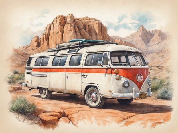 Auf dem Bild ist ein klassischer Volkswagen-Bus zu sehen, der auf einer Landschaft mit Bergen und kargen Felsen parket. Diese Art von Fahrzeug ist ideal für Freizeitaktivitäten wie Camping und Roadtrips. Man könnte sich vorstellen, dass man mit Freunden in der Natur unterwegs ist, eine Surfausrüstung auf dem Dach transportiert und in der Umgebung wandern oder die Schönheit der Landschaft genießen kann. Außerdem bietet solch ein Bus eine gemütliche Möglichkeit, die Natur zu erkunden und entspannende Nächte unter dem Sternenhimmel zu verbringen.