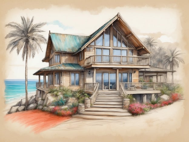 Auf dem Bild ist ein malerisches Strandhaus zu sehen. Es hat ein modernes, rustikales Design mit großen Fenstern, die einen herrlichen Blick auf das Meer bieten. Die Umgebung ist tropisch gestaltet, mit Palmen und bunten Blumen.

Mögliche Zimmeroptionen in einem solchen Haus könnten Folgendes umfassen:

1. **Familienzimmer**: Geräumiges Zimmer mit mehreren Betten, ideal für Familienurlaube.
2. **Doppelzimmer**: Ein romantisches Zimmer mit einem großen Doppelbett und Blick auf den Strand.
3. **Suiten**: Luxuriöse Suiten mit Balkon, perfektem Meerblick und privaten Badezimmern.
4. **Ferienwohnung**: Vollausgestattete Wohnung mit Küche und Wohnbereich für längere Aufenthalte. 

Ein Aufenthalt in dieser Unterkunft bietet eine perfekte Kombination aus Komfort und Naturerlebnis.