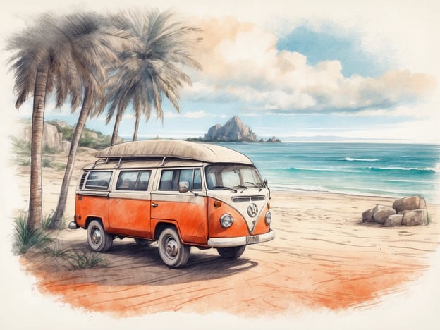 Auf dem Bild ist ein orangefarbener VW-Bus zu sehen, der an einem schönen Strand parkt. Umgeben von Palmen und mit Blick auf das Meer vermittelt die Szene ein Gefühl von Freizeit und Entspannung. Hier könnte man Aktivitäten wie das Entspannen am Strand, Picknicken im Freien oder einfach das Genießen der Natur planen. Auch eine kleine Rundfahrt mit dem VW-Bus entlang der Küste oder das Erkunden der Umgebung wären tolle Möglichkeiten, um die Freizeit zu verbringen.