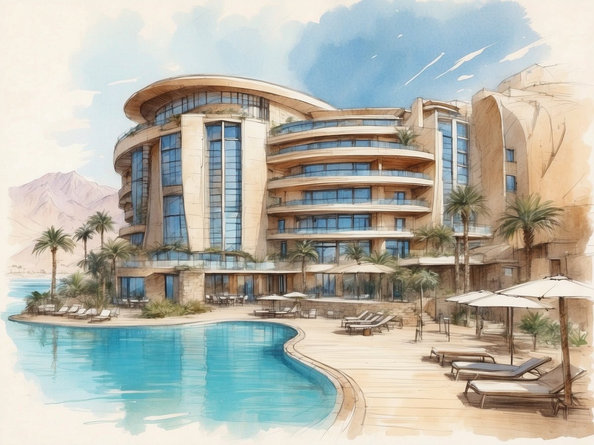 Das Bild zeigt das Leonardo Privilege Hotel Eilat - All Inclusive. Es präsentiert eine moderne, architektonisch ansprechende Gebäudeansicht mit stilvollen Balkonen und großen Glasfenstern. Vor dem Hotel erstreckt sich ein glitzernder Pool, der von Liegen und Sonnenschirmen umgeben ist. Palmen säumen den Bereich und tragen zur tropischen Atmosphäre bei. Im Hintergrund sind sanfte Hügel oder Berge zu erkennen, die den Eindruck eines ruhigen Urlaubsortes verstärken.