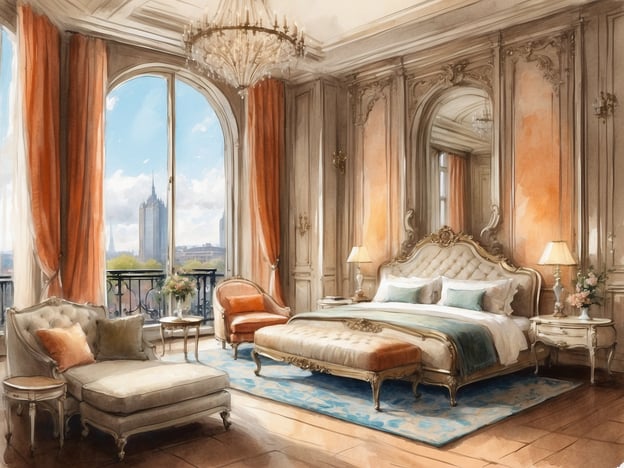 Auf dem Bild ist ein elegantes und luxuriöses Schlafzimmer zu sehen. Es verfügt über große Fenster, durch die viel Licht hereinfällt, eine opulente Einrichtung mit einem großen Bett, einem gemütlichen Sessel und einem schicken Couchtisch. Die Wände sind geschmackvoll gestaltet, und die Fenster sind mit langen Vorhängen geschmückt. Der Raum strahlt eine gemütliche und gleichzeitig luxuriöse Atmosphäre aus, die ideal für einen hochwertigen Aufenthalt wäre, ähnlich dem, was man in einem NH Hotel in Den Haag erwarten könnte.