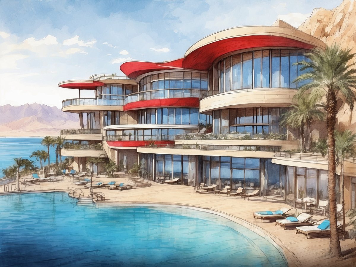 Das Bild zeigt das U Magic Palace Eilat, ein modernes Hotel mit auffälliger Architektur. Die Gebäude haben große Glasfenster und glänzende rote Dächer. Vor dem Hotel erstreckt sich ein Poolbereich mit einer Terrasse, auf der Sonnenliegen und Sonnenschirme stehen. Umgeben von Palmen und mit Blick auf das blaue Wasser des Meeres und die Berge im Hintergrund schafft der Ort eine einladende und entspannende Atmosphäre.