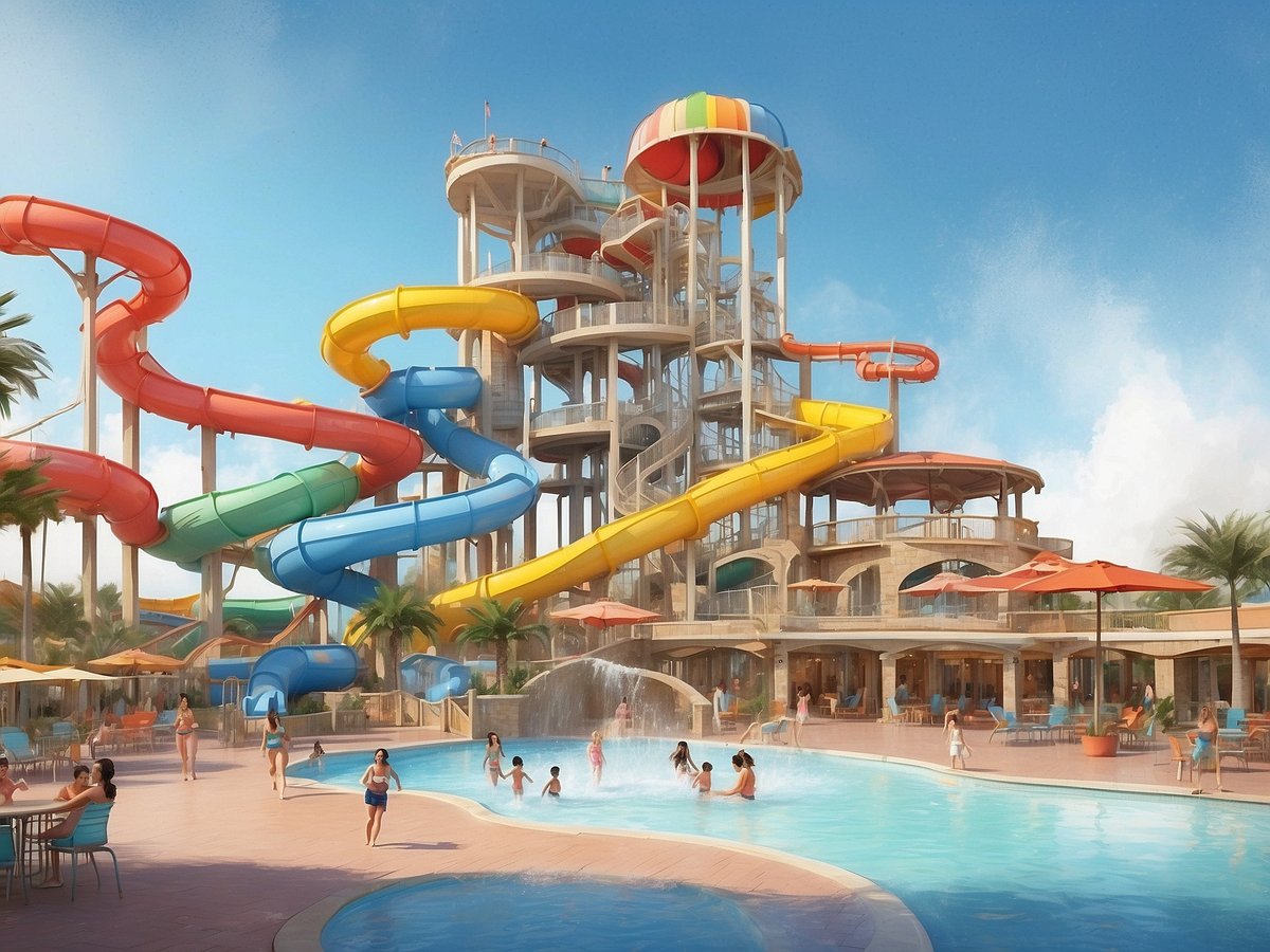 Ein luxuriöser Wasserpark mit mehreren bunten Wasserrutschen in Gelb, Rot, Blau und Grün, die von einem hohen Turm ausgehen. Im Vordergrund ist ein großer Pool, in dem Familien und Kinder schwimmen und spielen. Rund um den Pool befinden sich Liegen und Sonnenschirme in Orange. Im Hintergrund sind die Räumlichkeiten des U Splash Resort sichtbar, die Strand- und Urlaubsatmosphäre vermitteln. Der Himmel ist klar und blau, was einen sonnigen und einladenden Eindruck hinterlässt.