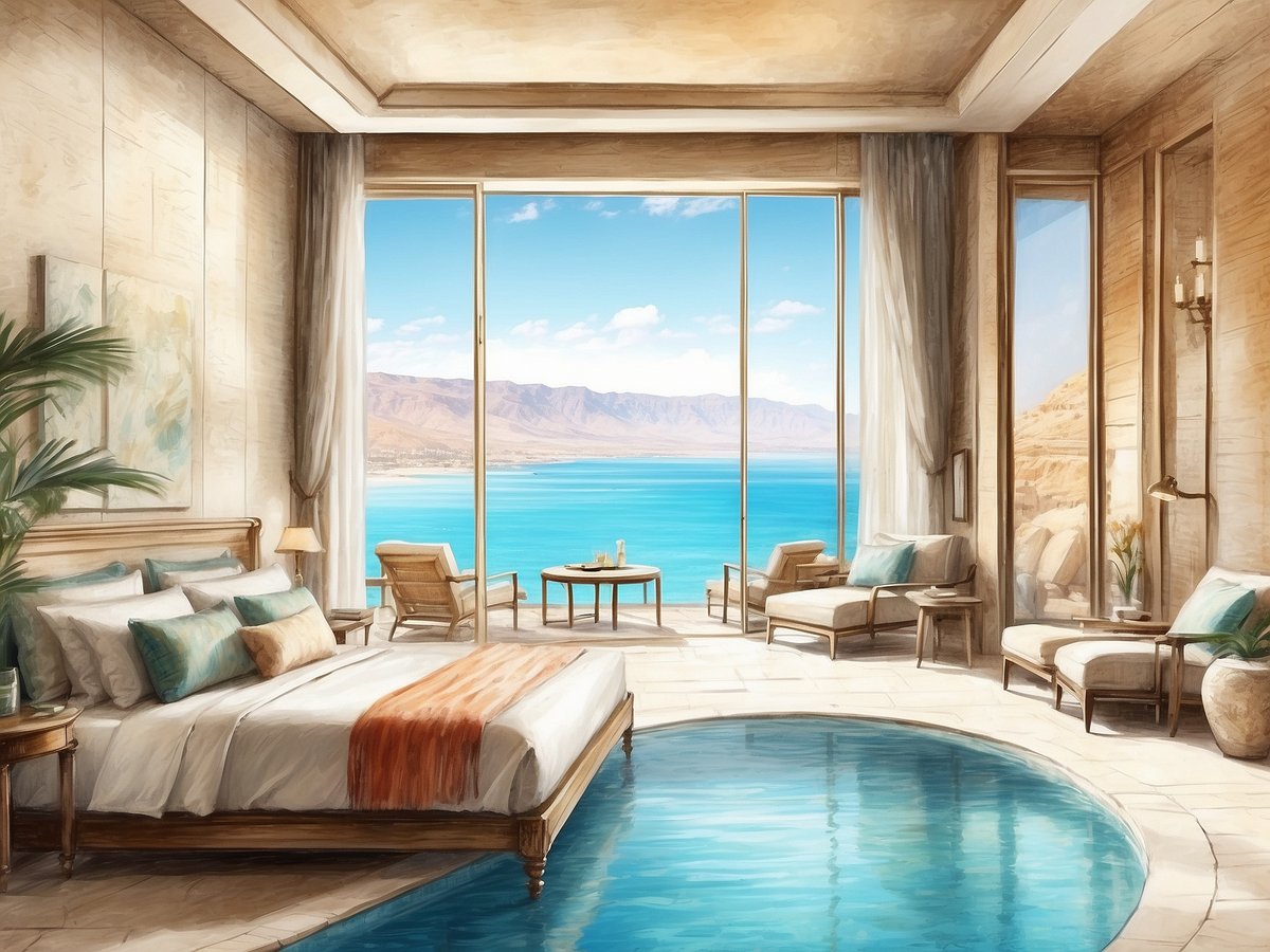 Das Bild zeigt ein elegantes Hotelzimmer im Herods Dead Sea Hotel. Der Raum ist hell und modern gestaltet mit großen Fenstern, die einen atemberaubenden Blick auf das Tote Meer und die umliegenden Berge bieten. Ein bequemes Bett mit dekorativen Kissen steht im Zentrum, umgeben von stilvollen Möbeln. In einer Ecke befindet sich ein runder Pool, der sich harmonisch in die Umgebung einfügt. Pflanzen und geschmackvolle Dekoration verleihen dem Raum eine einladende Atmosphäre.