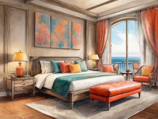 Auf dem Bild ist ein stilvolles Schlafzimmer zu sehen, das eine entspannende Atmosphäre bietet. Es ist hell und freundlich gestaltet, mit großen Fenstern, die einen Blick auf das Meer ermöglichen. Die Fenster sind mit eleganten Vorhängen dekoriert. 

Die Einrichtung umfasst ein großes Bett mit farbigen Kissen, die einen modernen Akzent setzen. Der Raum verfügt über einen Nachttisch mit einer Tischlampe, die warmes Licht spendet, und einen bequemen Sitzbereich mit zwei Stühlen und einem kleinen Tisch. Ein eleganter Hocker in kräftiger Farbe fügt zusätzlich Komfort und Stil hinzu. 

Insgesamt vermittelt das Zimmer ein Gefühl von Luxus und Gemütlichkeit, ideal für eine entspannende Urlaubszeit.