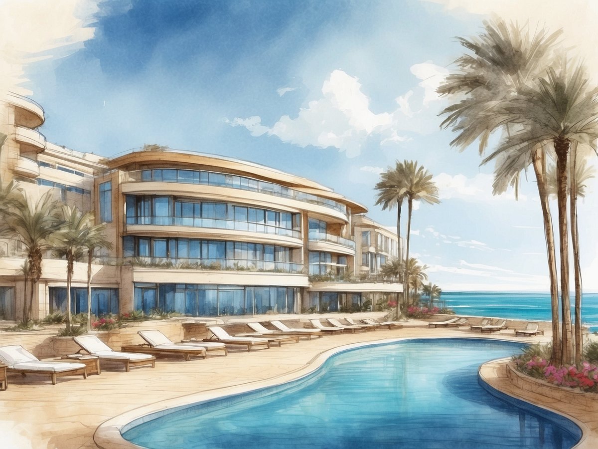 Das Bild zeigt das Herods Herzliya, ein luxuriöses Hotel direkt am Meer. Im Vordergrund ist ein einladender Swimmingpool mit geschwungenen Formen zu sehen, umgeben von Sonnenliegen. Palmensaum und blühende Pflanzen fügen sich harmonisch in die Landschaft ein. Im Hintergrund erhebt sich das moderne Gebäude des Hotels mit großen Fenstern und einem eleganten Design. Der Himmel ist hellblau mit sanften Wolken, was eine entspannte Urlaubsatmosphäre vermittelt.