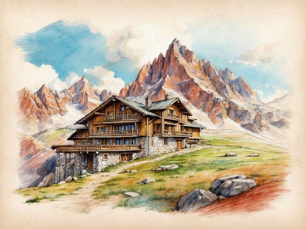 Auf dem Bild ist eine malerische alpine Landschaft zu sehen, mit einem rustikalen Holzhaus, das am Fuß majestätischer Berge steht. Diese Szenerie erinnert an die Geschichte von Telluride, die in den Rocky Mountains in Colorado angesiedelt ist. Ursprünglich eine Goldgräberstadt im späten 19. Jahrhundert, entwickelte sich Telluride zu einem beliebten Skiort und Kulturzentrum. Die beeindruckenden Berge und die idyllische Umgebung spiegeln die Schönheit und die historischen Wurzeln dieser Region wider, wo Abenteuer und Natur eng miteinander verbunden sind.