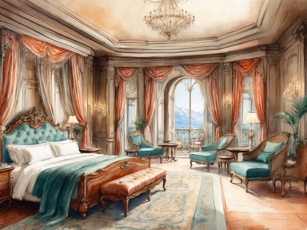 Auf dem Bild ist ein luxuriöses Hotelzimmer zu sehen. Es hat eine stilvolle Einrichtung mit einem großen, eleganten Bett, bequemen Sesseln und einem Tisch. Die Wände sind mit opulenten Vorhängen geschmückt, und es gibt eine beeindruckende Deckenleuchte. Durch große Fenster ist ein Ausblick auf eine bergige Landschaft erkennbar, was dem Raum eine helle und einladende Atmosphäre verleiht.

Wenn man einen Überblick über NH Hotels betrachtet, fallen ähnliche Merkmale auf: viele ihrer Zimmer sind modern und komfortabel eingerichtet, oft mit einem Fokus auf Funktionalität und Stil. NH Hotels legt Wert auf ein ansprechendes Ambiente und eine erstklassige Ausstattung, um Gästen eine angenehme Erfahrung während ihres Aufenthalts zu bieten.