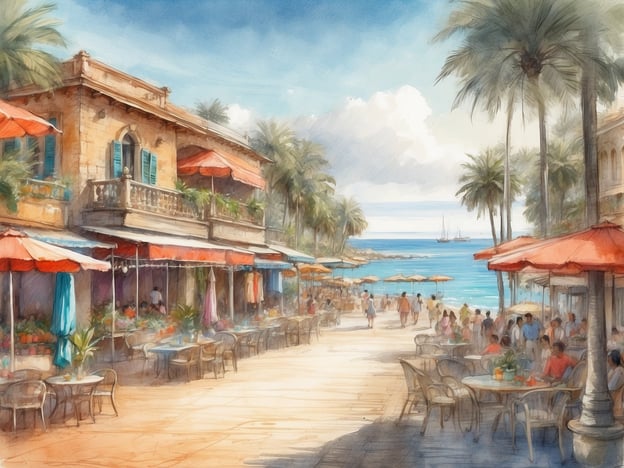 Auf dem Bild ist eine malerische Strandpromenade zu sehen, gesäumt von Palmen und gemütlichen Cafés oder Restaurants mit roten Sonnenschirmen. Die Szene vermittelt eine entspannte, mediterrane Atmosphäre und lädt zum Verweilen ein. 

In der Umgebung könnten Sehenswürdigkeiten wie der lange Sandstrand, eine Strandpromenade oder ein malerischer Hafen zu finden sein. Auch historische Gebäude oder Denkmäler könnten die Kulisse prägen und den Charakter des Ortes unterstreichen. Solche Plätze sind oft ideale Anlaufstellen für Touristen, um die lokale Kultur und Küche zu genießen.