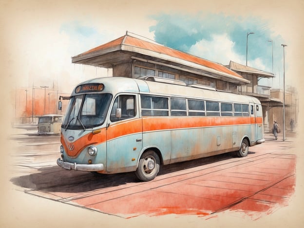 Auf dem Bild ist ein nostalgischer Bus zu sehen, der an einer Haltestelle hält. Der Bus hat eine auffällige zweifarbige Lackierung, die von Orange und Blau dominiert wird. Im Hintergrund sieht man einen modernen Bahnhofsbereich mit mehreren Säulen und einer Überdachung.

In Bezug auf das NH Hotel in Nürnberg: Wenn du in der Nähe bist, bietet das Hotel eine bequeme Anbindung an öffentliche Verkehrsmittel, die dir ermöglichen, die Stadt und ihre Sehenswürdigkeiten leicht zu erkunden, ähnlich wie der Bus auf dem Bild, der Passagiere befördert.