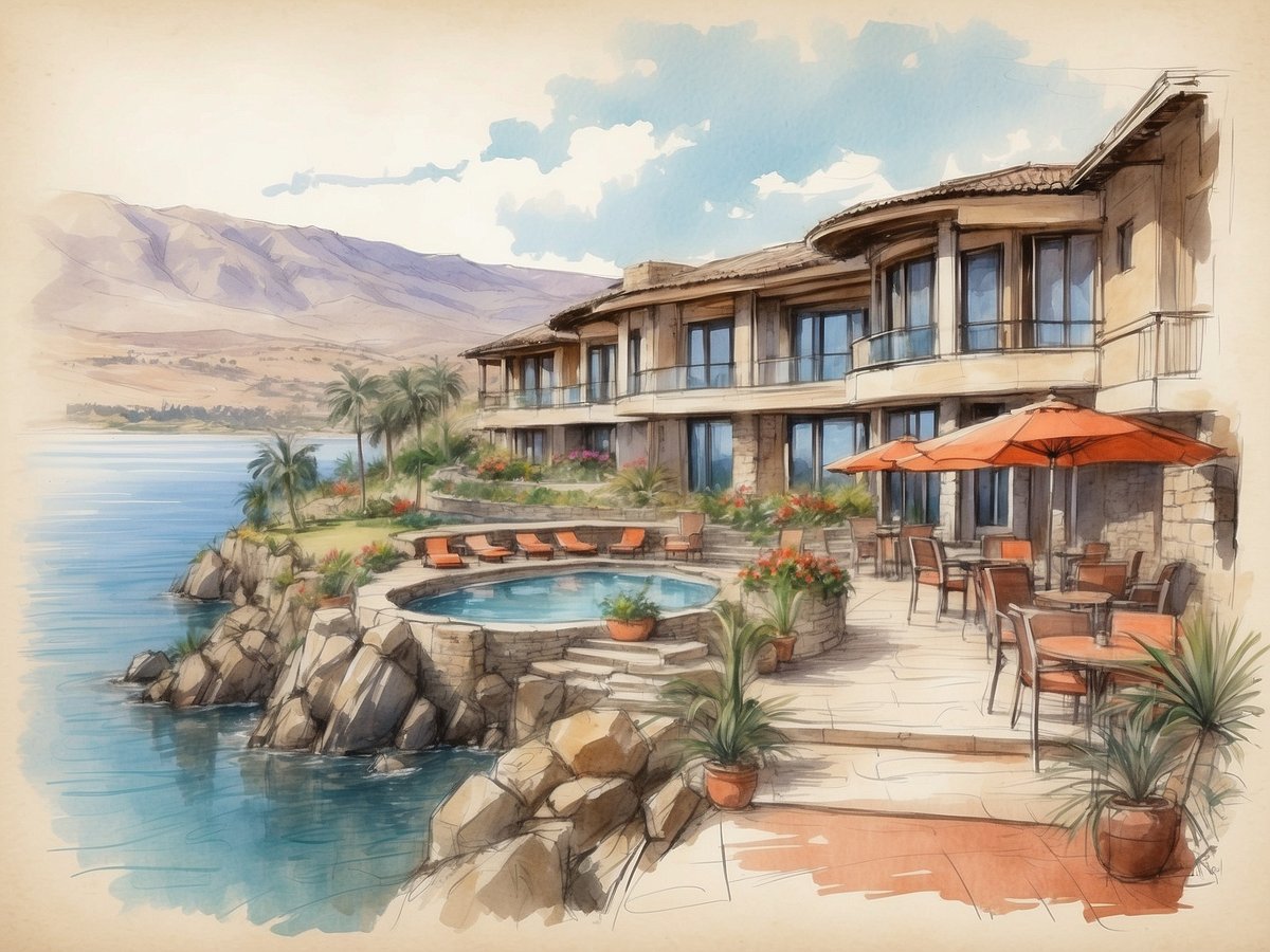 Eine beeindruckende Ansicht des Leonardo Club Tiberias, das direkt am Ufer des Wassers liegt. Im Vordergrund sieht man einen großen Pool, umgeben von Steinmauern und tropischen Pflanzen. Auf einer Terrasse sind mehrere orangefarbene Sonnenschirme aufgestellt, unter denen Tische und Stühle angeordnet sind. Die Fassade des Gebäudes ist modern mit großen Fensterfronten, die einen Blick auf das Wasser ermöglichen. Im Hintergrund erstrecken sich sanfte Hügel und Berge, die die malerische Landschaft vervollständigen. Die Atmosphäre ist einladend und idyllisch, ideal für entspannte Aufenthalte am Wasser.