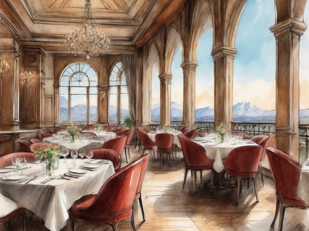 Auf dem Bild ist ein eleganter Restaurantbereich zu sehen, der mit stilvollen, roten Stühlen und weißen Tischdecken eingerichtet ist. Große Fenster bieten einen Blick auf eine Berglandschaft, was eine ansprechende Atmosphäre schafft. 

In den NH Hotels am Flughafen Genf können Gäste Dining-Erlebnisse erwarten, die sowohl internationale als auch lokale Küche umfassen. Die Restaurants bieten oft eine hochwertige Speisekarte, die saisonale Zutaten verwendet, und man kann in einem eleganten Ambiente genießen, ähnlich dem, was auf dem Bild zu sehen ist. Das geschmackvolle Design und die Aussicht tragen zu einem angenehmen kulinarischen Erlebnis bei.