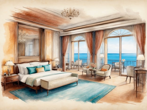 Auf dem Bild ist ein elegantes Hotelzimmer zu sehen, das eine luxuriöse Atmosphäre ausstrahlt. Es handelt sich um eine **Junior-Suite oder ein Balkonzimmer**, das einen herrlichen Blick auf das Meer bietet. 

### Zimmerkategorien und Ausstattung:

- **Betten:** Ein großes, komfortables Doppelbett mit hochwertiger Bettwäsche.
- **Sitzbereich:** Es gibt eine gemütliche Sitzecke mit zwei Stühlen und einem kleinen Tisch, ideal zum Entspannen.
- **Dekoration:** Die Wände sind geschmackvoll mit warmen Farben und einem großen Spiegel dekoriert.
- **Fenster:** Große Fenster sorgen für viel Tageslicht und bieten Zugang zu einem Balkon oder einer Terrasse mit Meerblick.
- **Teppich:** Ein stilvoller Teppich verleiht dem Raum Gemütlichkeit.
- **Beleuchtung:** Elegante Lampen und ein Kronleuchter sorgen für eine angenehme Beleuchtung.

Das Zimmer vermittelt ein Gefühl von Luxus und Komfort und ist ideal für einen entspannenden Aufenthalt.