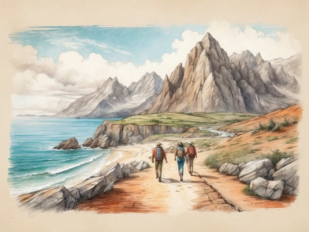 Auf dem Bild sind drei Wanderer zu sehen, die einen malerischen Küstenweg entlanggehen, umgeben von beeindruckenden Bergformationen und dem Meer. Diese Landschaft eignet sich hervorragend für verschiedene Aktivitäten wie Wanderungen, Radfahren und Fotografie. In der Umgebung könnten auch Strände zum Entspannen oder Schwimmen sowie Aussichtspunkte für spektakuläre Ausblicke auf die Natur zu finden sein. Zudem bieten sich Möglichkeiten für Vogelbeobachtungen und das Erkunden von Flora und Fauna der Region.