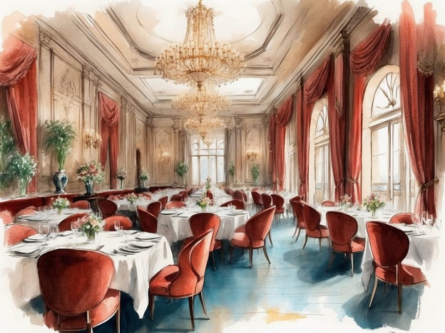 Auf dem Bild ist ein elegantes Restaurant in einem Hotel zu sehen. Die Inneneinrichtung ist reich verziert, mit einem prachtvollen Kronleuchter und opulenten Vorhängen in Rot. Die Tische sind festlich gedeckt mit weißen Tischdecken, eleganten Tellern und Gläsern. An den Wänden sind Pflanzenarrangements und dekorative Elemente zu sehen, die eine luxuriöse Atmosphäre schaffen. Dieses Ambiente eignet sich hervorragend für ein gehobenes kulinarisches Erlebnis, bei dem Gäste exquisite Gerichte und erstklassigen Service erwarten können. Die große Fensterfront lässt viel Licht herein und bietet möglicherweise einen schönen Blick nach draußen.