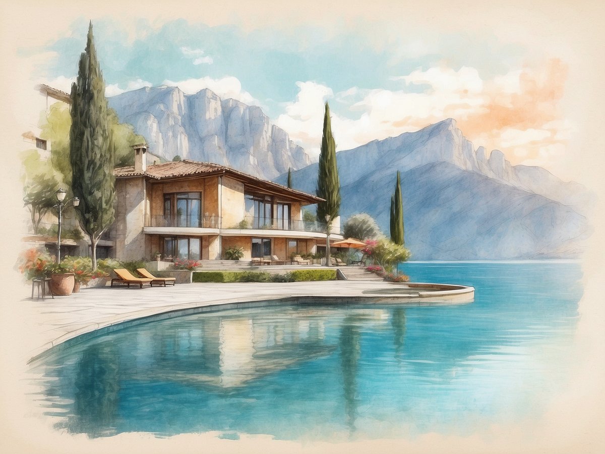 Ein elegantes Gebäude am Ufer eines ruhigen Sees, umgeben von sanften Bergen und grünen Bäumen. Die Rückseite des Gebäudes hat große Fenster, die einen Blick auf das Wasser bieten. Entspannte Liegen stehen auf der Terrasse, die von blühenden Pflanzen und Bäumen gesäumt ist. Die Oberfläche des Sees spiegelt die Farben des Himmels und der Landschaft wider, während sanfte Wellen die Uferlinie umspielen. Insgesamt vermittelt die Szene eine friedliche und luxuriöse Atmosphäre.