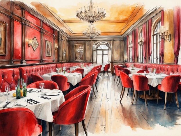 Auf dem Bild ist ein elegantes Restaurant zu sehen. Die Einrichtung zeichnet sich durch rote gepolsterte Stühle und Tische mit weißen Tischdecken aus. An den Wänden hängen Bilder, und die Atmosphäre wird durch eine große Deckenleuchte und warmes Licht von den Fenstern ergänzt. Es scheint ein Ort zu sein, der für gehobene, romantische Abendessen oder besondere Anlässe geeignet ist.