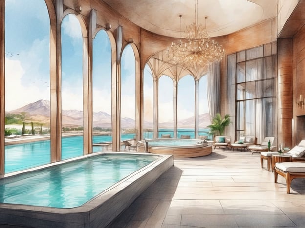 Auf dem Bild ist ein eleganter Wellnessbereich eines Hotels zu sehen. Es gibt einen großen, lichtdurchfluteten Raum mit beeindruckenden hohen Fenstern, die einen wunderschönen Blick auf das Wasser und die Natur bieten. 

Zu den Einrichtungen gehören:

- Ein Whirlpool, der zum Entspannen einlädt.
- Ein Swimmingpool, ideal für Erfrischung und Freizeitaktivitäten.
- Gemütliche Liegen und Sitzbereiche, perfekt zum Relaxen oder für kleine Erfrischungen.
- Eine stilvolle Einrichtung mit luxuriösen Materialien und einem modernen Design.

Insgesamt vermittelt der Raum eine Atmosphäre von Ruhe und Exklusivität, ideal für Wellness- und Erholungsaufenthalte.