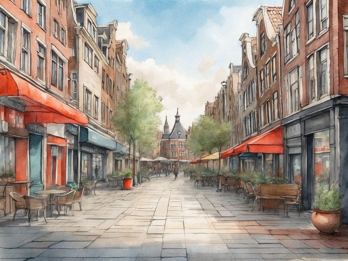 Eine malerische Straße in Amsterdam mit klassischen Gebäuden und Cafés, die gemütlich eingerichtete Terrassenbereich besitzen. Die Häuser sind in warmen Farbtönen gehalten und haben rote Markisen. Auf der Straße stehen Bäume und Blumentöpfe, während Gäste in den Cafés entspannen. Im Hintergrund ist ein markantes Gebäude mit einem spitzen Turm zu sehen, das der Szene eine charmante Atmosphäre verleiht. Die Beleuchtung ist sanft und erzeugt eine einladende Stimmung.