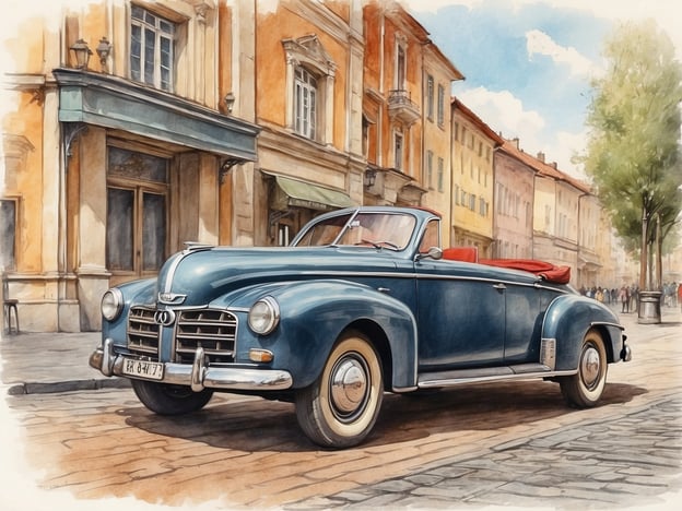 Auf dem Bild ist ein klassisches Cabriolet in einem eleganten Blau zu sehen, das auf einer malerischen Straße parkt. Im Hintergrund sind historische Gebäude mit leuchtenden Farben zu erkennen, die eine angenehme Atmosphäre schaffen. Die Straße scheint geschäftig zu sein, mit Passanten, die entlang der Geschäfte schlendern. Das Bild vermittelt ein Gefühl von Nostalgie und einem entspannten Tagesausflug, passend zur charmanten Umgebung von Ingolstadt.