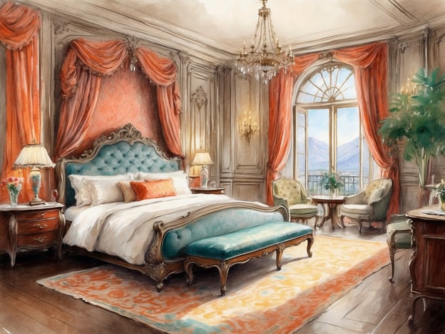 Auf dem Bild ist ein elegantes Schlafzimmer zu sehen. Es ist luxuriös eingerichtet mit einem großen Bett, das mit weißen und orangen Kissen dekoriert ist. Die Wände sind mit rot-orangefarbenen Vorhängen geschmückt, und es gibt einen schönen Ausblick durch ein großes Fenster. Neben dem Bett stehen Nachttische mit Lampen und Blumen. Sitzmöglichkeiten, wie gepolsterte Stühle und ein elegantes Sofa, laden zum Entspannen ein. Insgesamt bietet der Raum eine komfortable und ansprechende Übernachtungsmöglichkeit.