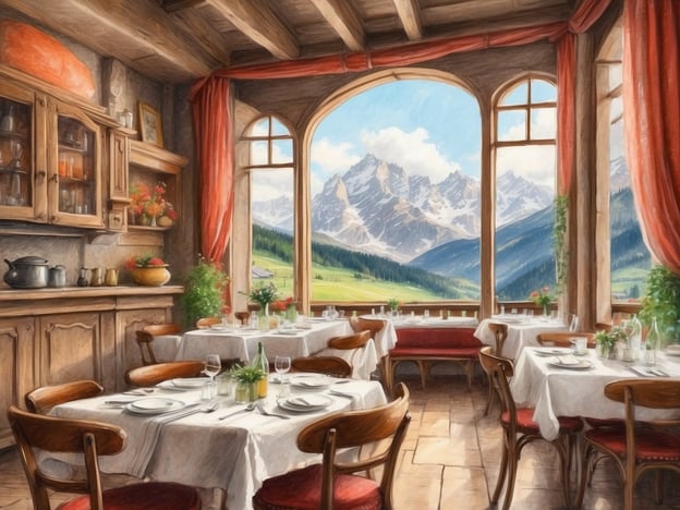 Auf dem Bild ist eine gemütliche Restaurantatmosphäre zu sehen, die an die Gastronomie im Klösterle erinnert. Der Raum hat rustikale Holzmöbel und Tischdecken aus weißem Stoff. Große Fenster bieten einen atemberaubenden Blick auf die Berge und die grüne Landschaft draußen, was eine entspannte und einladende Stimmung vermittelt. Die liebevolle Dekoration mit Pflanzen und Geschirr schafft ein freundliches Ambiente, ideal für ein schmackhaftes Essen in den Alpen.