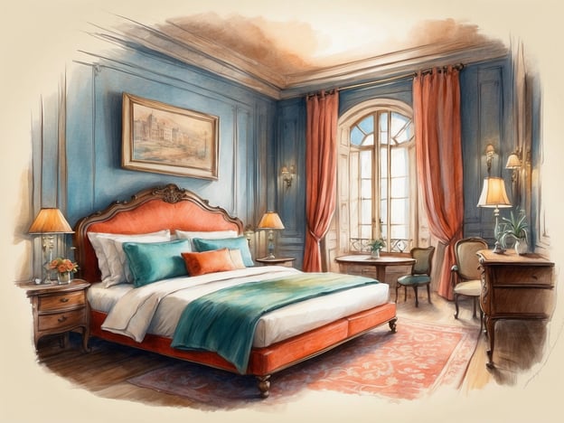 Auf dem Bild ist ein elegantes Schlafzimmer zu sehen. Es verfügt über ein großes, komfortables Bett mit bunten Kissen und einer geschmackvollen Bettdecke. Die Wände sind in einem schönen blauen Farbton gestrichen, und es hängen Vorhänge in einem warmen Orangeton. Neben dem Bett stehen Nachttische mit Lampen und einer vase mit Blumen. Das Zimmer hat große Fenster, die viel Licht hereinlassen, und es gibt einen abgerundeten Tisch mit Stühlen. Der Fußboden ist holzgetäfelt und mit einem Teppich dekoriert, was dem Raum eine gemütliche Atmosphäre verleiht.