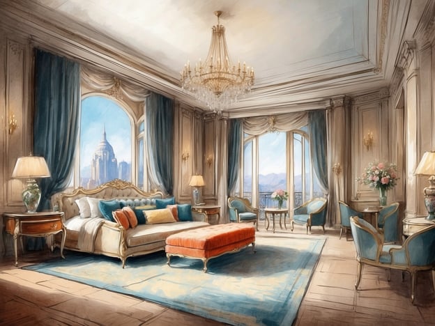 Auf dem Bild ist eine elegante Suite zu sehen. Der Raum ist schön eingerichtet mit einem großen Fenster, das einen Blick auf die Skyline zeigt. Es gibt ein bequemes Sofa und stilvolle Sessel, die um einen Tisch gruppiert sind. Die Vorhänge und der Teppich in sanften Farben verleihen dem Raum eine luxuriöse Atmosphäre. Eine große Deckenlampe und Blumenarrangements runden das ansprechende Gesamtbild der Suite ab.